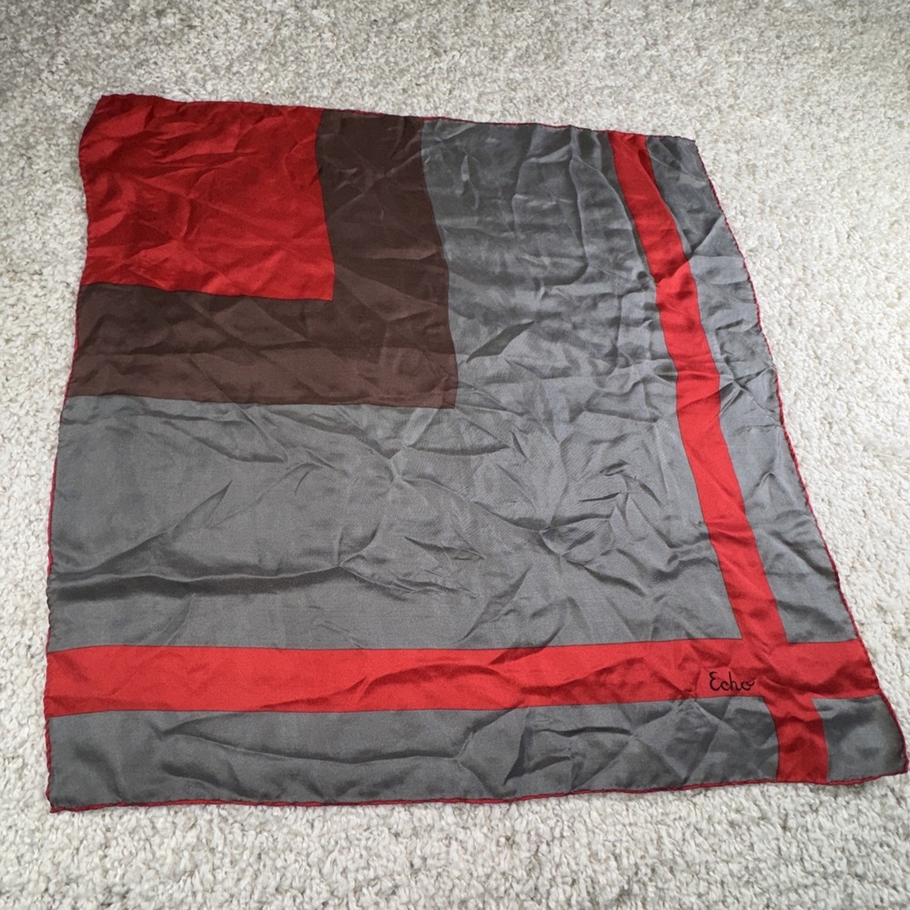 Echo Silk Scarf 26" Square Gray Red Geometric Colorblock Lightweight
